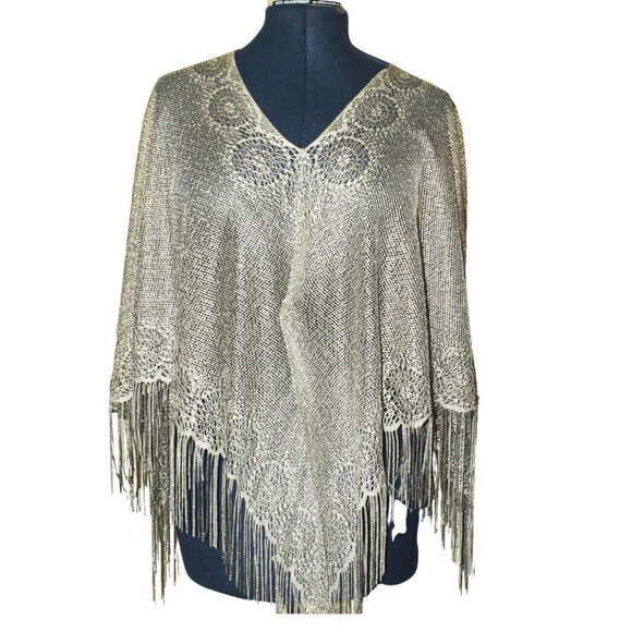 Cejon silver metallic fringed boho poncho - Picture 1 of 5